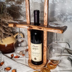 Drveni stalak za vino od maslinovog drveta - lagani i prijenosni držač za bocu vina i 2 čaše